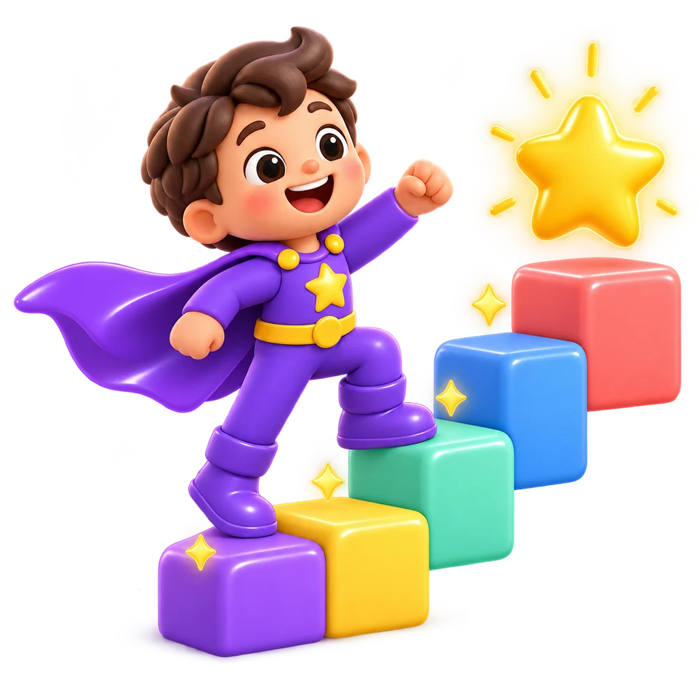 A caped hero climbs coloured blocks towards a star