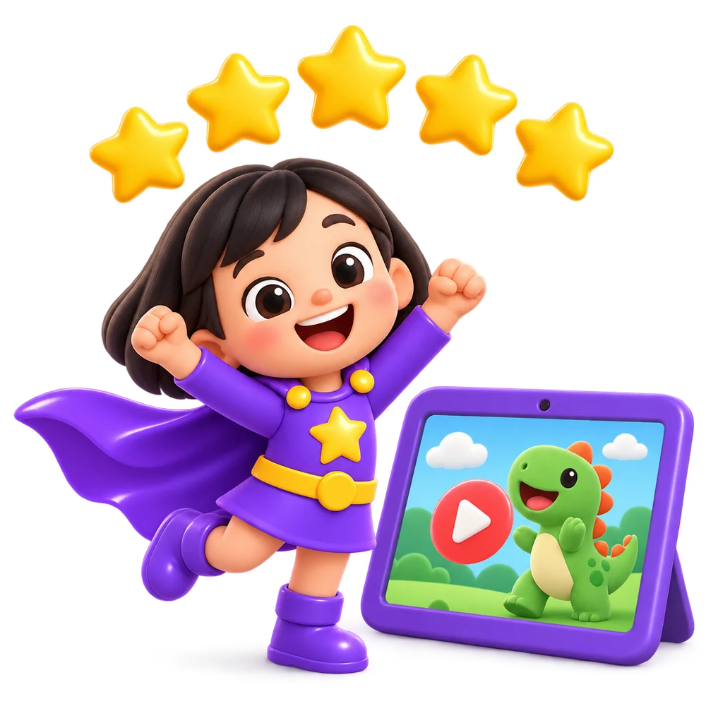 A hero cheers under five gold stars next to a tablet playing a video