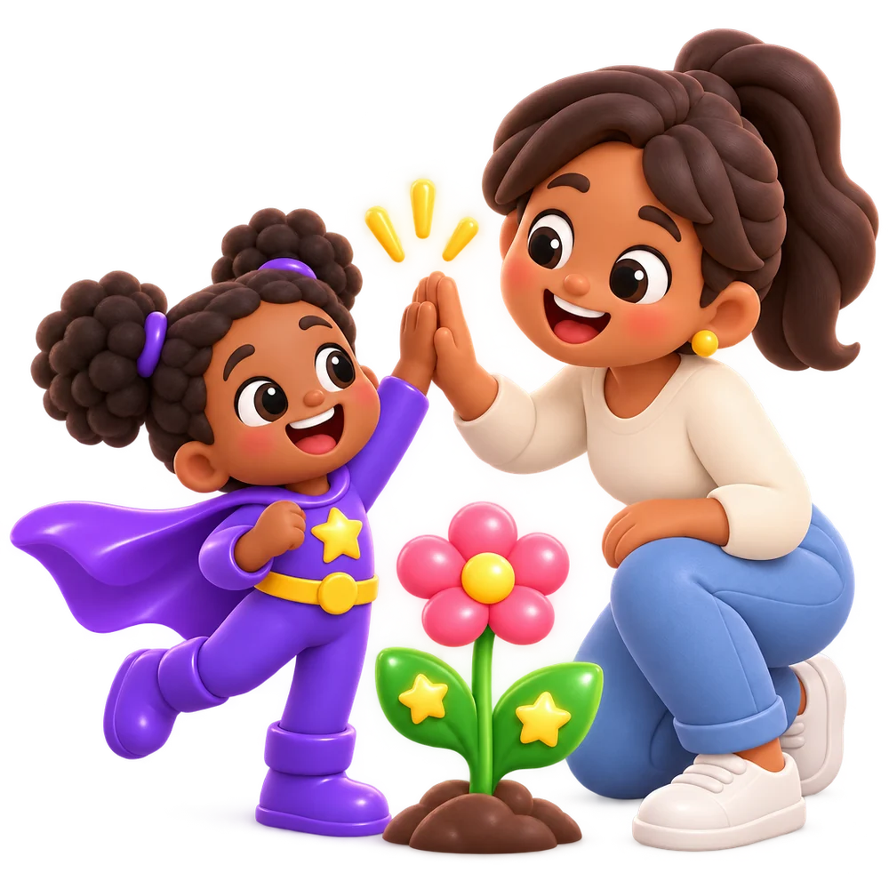 A child hero high-fives a grown-up next to a flower