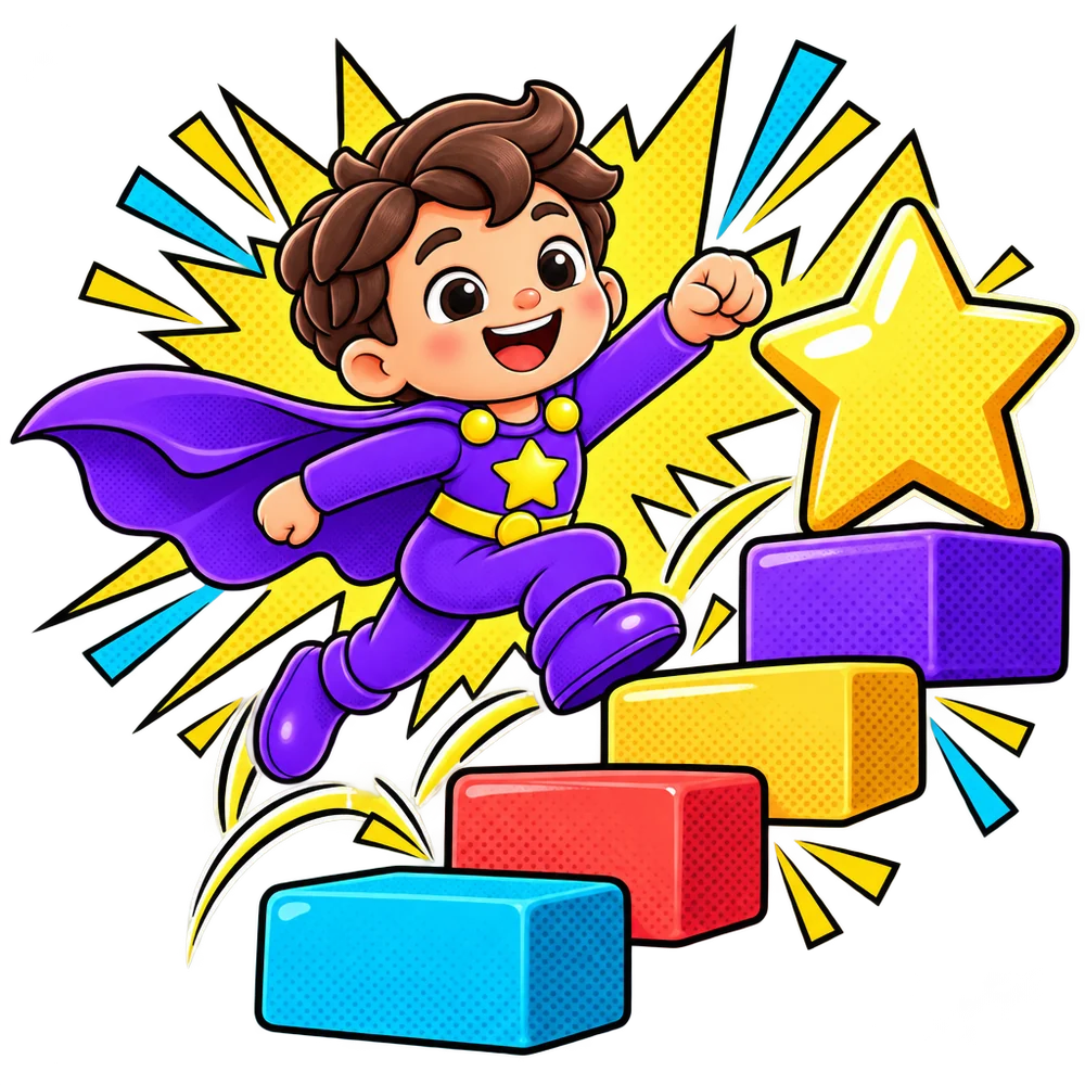 A caped kid hero jumping up colourful blocks towards a big star