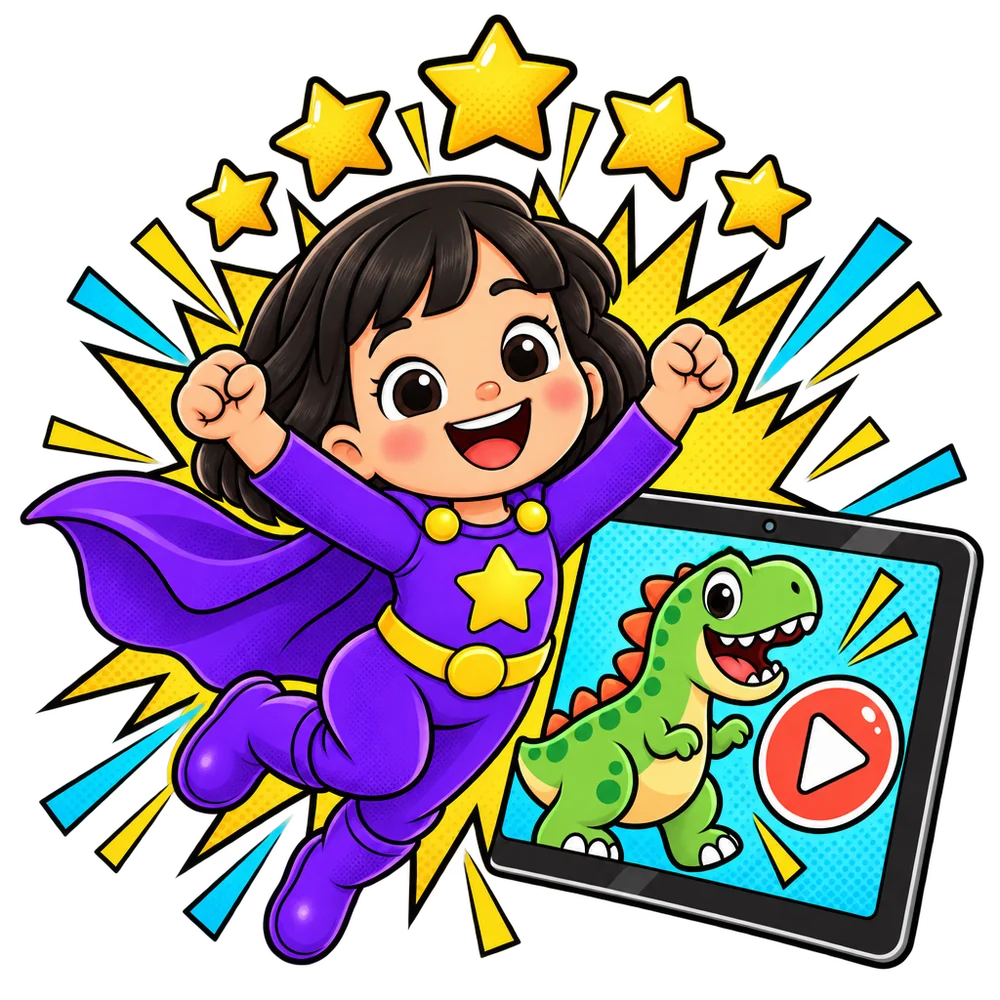 A cheering kid hero under gold stars next to a tablet playing a dinosaur video
