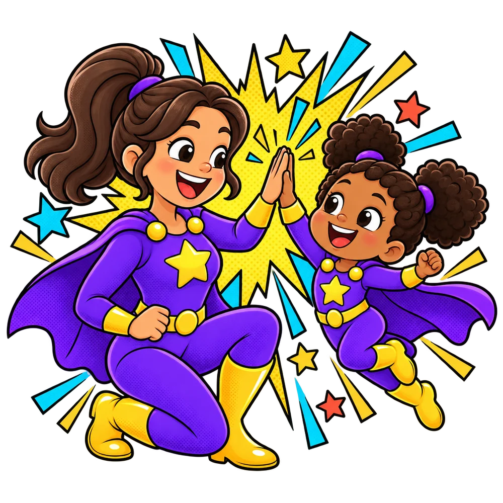 A grown-up and a caped child giving each other a high-five