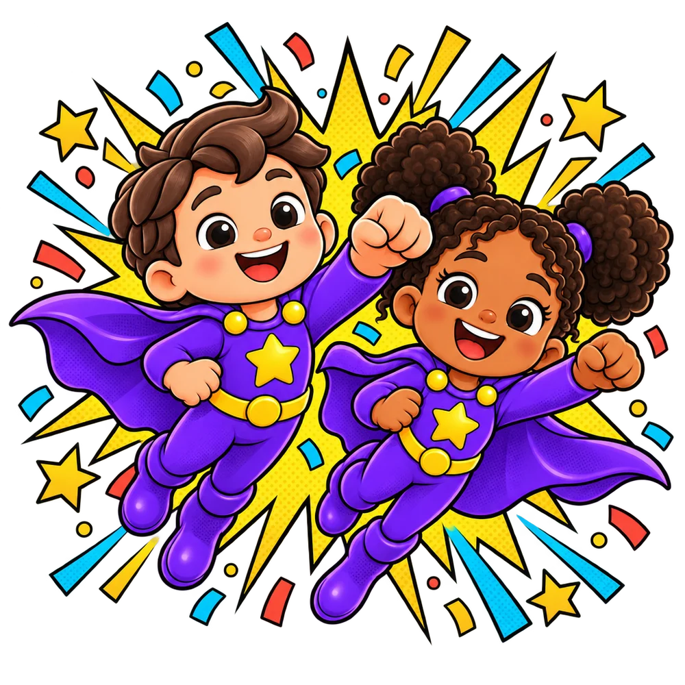 Two caped kid heroes flying side by side, cheering