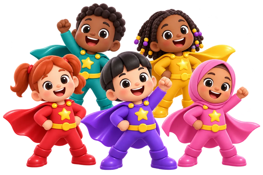 A squad of five kid superheroes in teal, gold, red, purple and pink capes, cheering