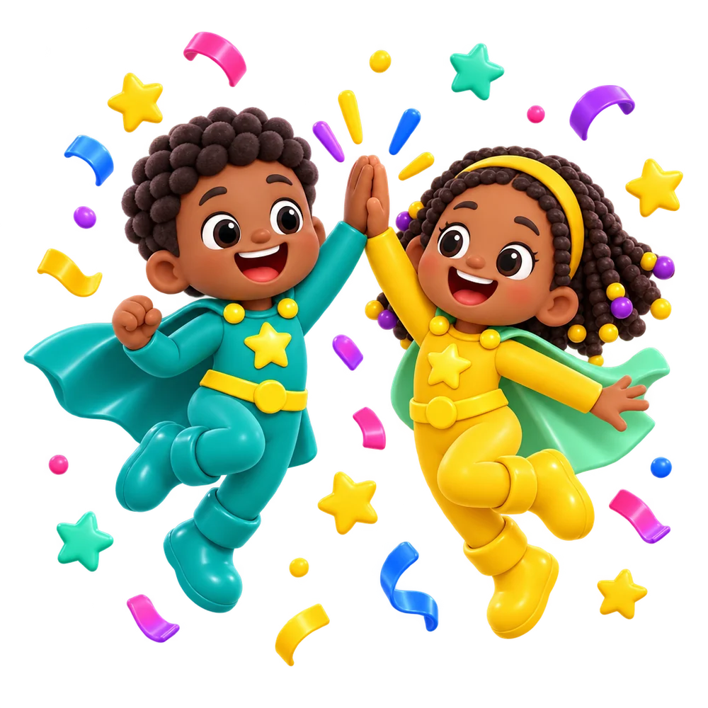 Sam's teal hero high-fives a gold hero in a burst of confetti