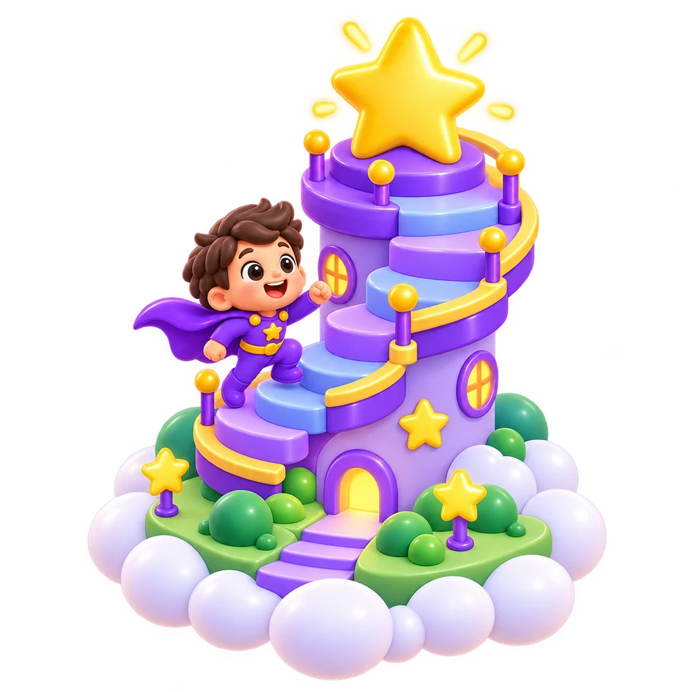 A caped hero climbs a spiral staircase up a tower towards a big gold star