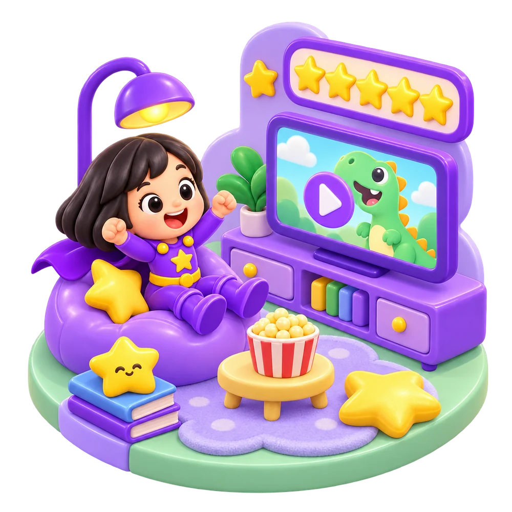 A hero cheers on a beanbag in front of a TV playing a dinosaur video under five gold stars