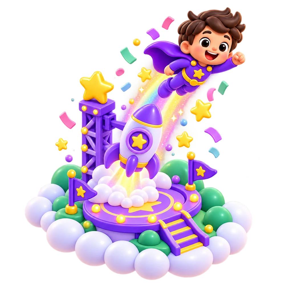 A caped hero flies up from a launch pad next to a rocket, with confetti