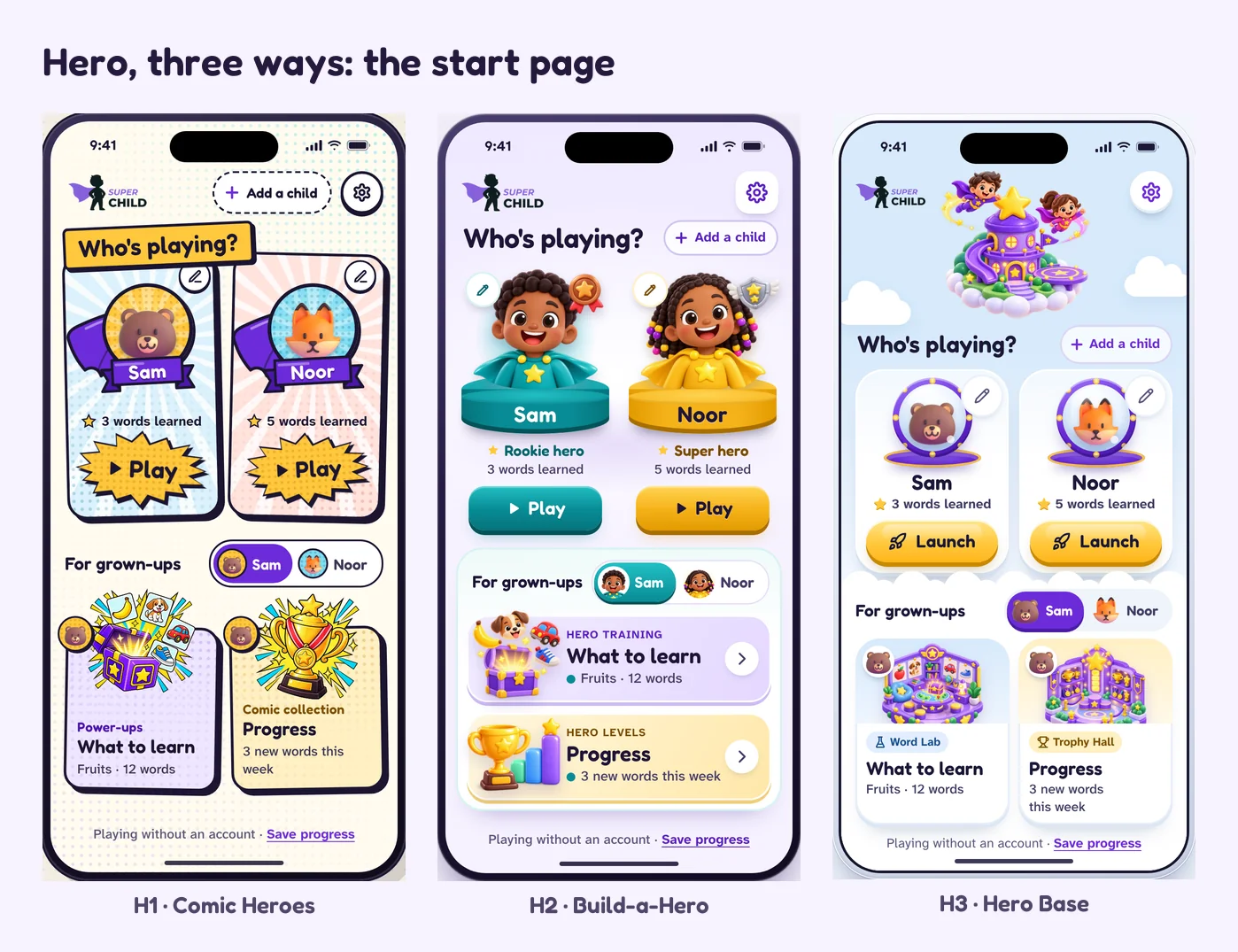 The start page in the three hero variations